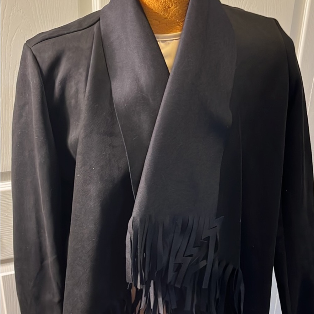 NWT. Made in Italy. Faux, suede fringe jacket with collar and pockets.